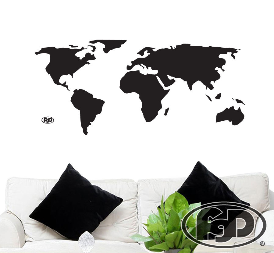 FGD World Map Globe Vinyl Wall Decal / Sticker in White or Black 20" x 41"