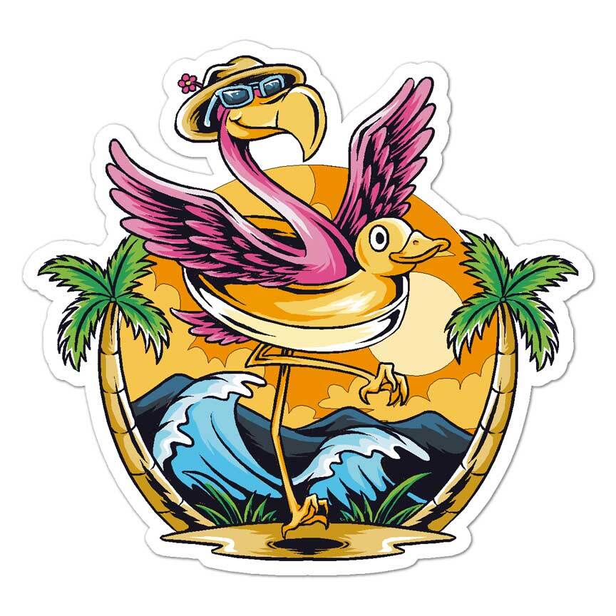 Flamingo Beach Palm Trees, Vinyl Decal Sticker, Indoor Outdoor, 3 Sizes, #7961