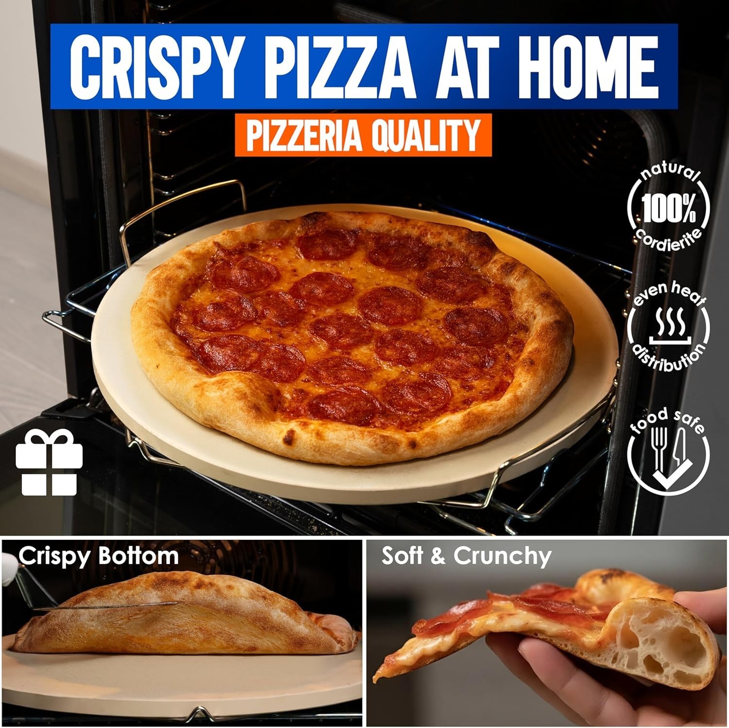 16-Inch Pizza Stone for Oven and BBQ Grill with Handles, Round, 5/8" Thick – Nat