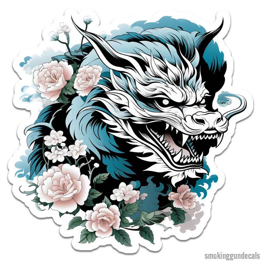 Oriental Dragon Flowers, Vinyl Decal Sticker, Indoor Outdoor, 3 Sizes, #12584