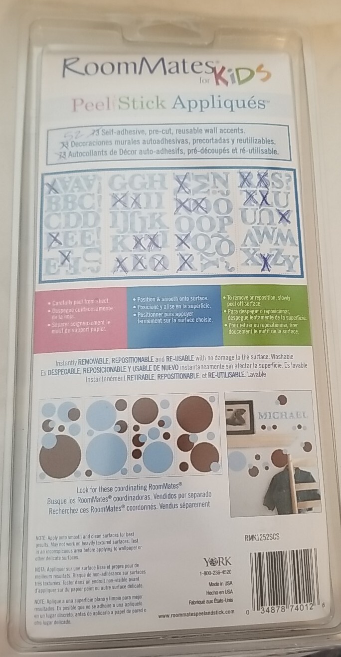 RoomMates for Kids Peel & Stick Wall Decals 52 Blue Letters w/dots SEE PICS