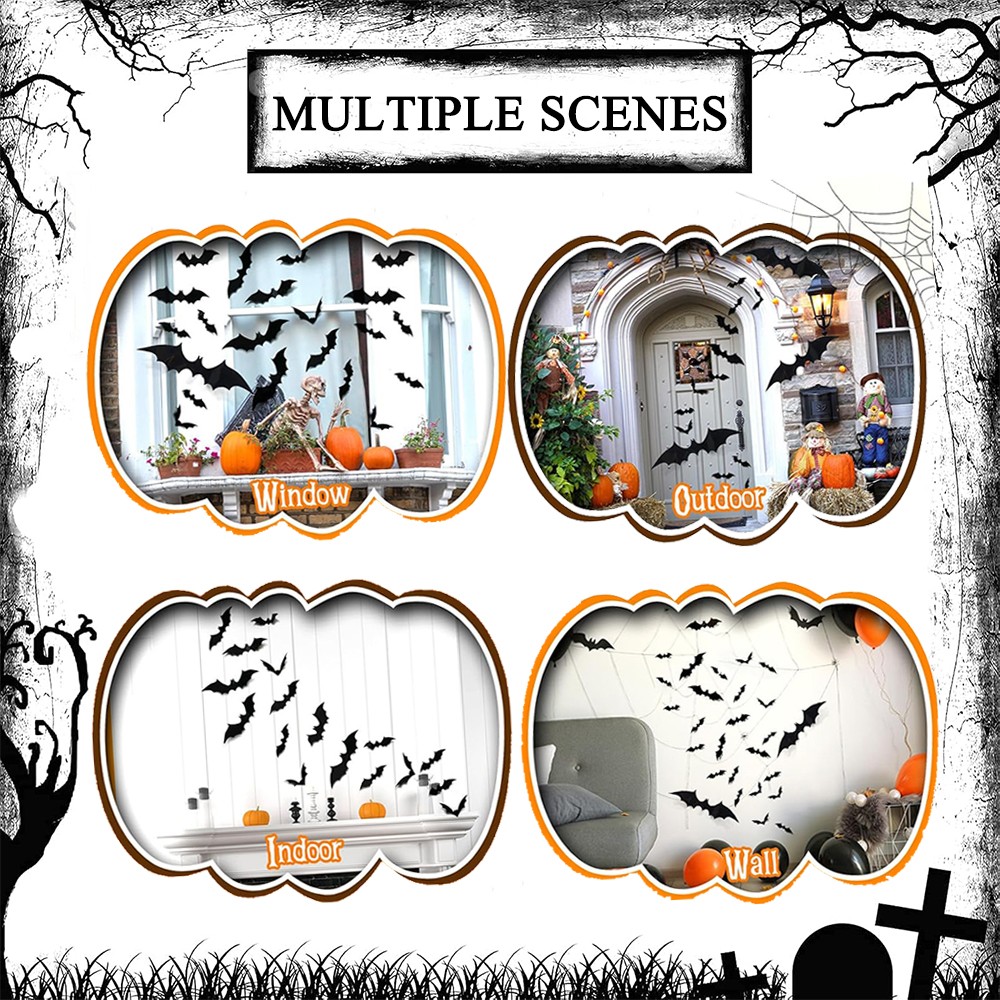 60PCS 3D Bats Scary Stickers Halloween Decoration Realistic PVC Home Party Decor