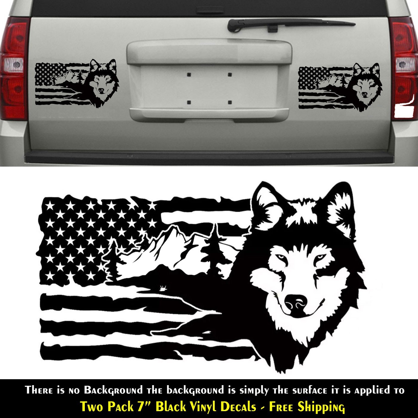 Wolf Scene American Flag 2 PK 7" Black Vinyl Decal Car Truck Camper Window Door
