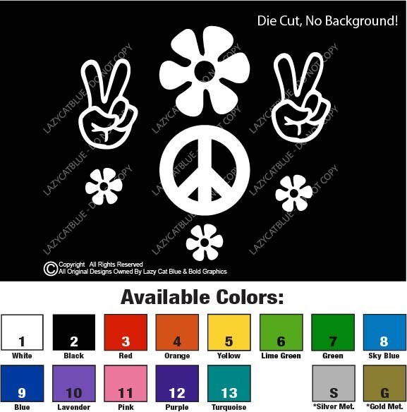 Hippie Peace Sign Decal Sticker Love Flower Power Bundle Set World Retro 70s 420