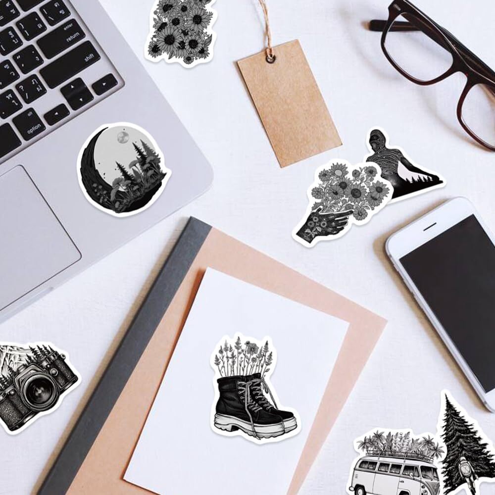 60Pcs Black White Outdoor Travel Nature Stickers – Vinyl Multicolor