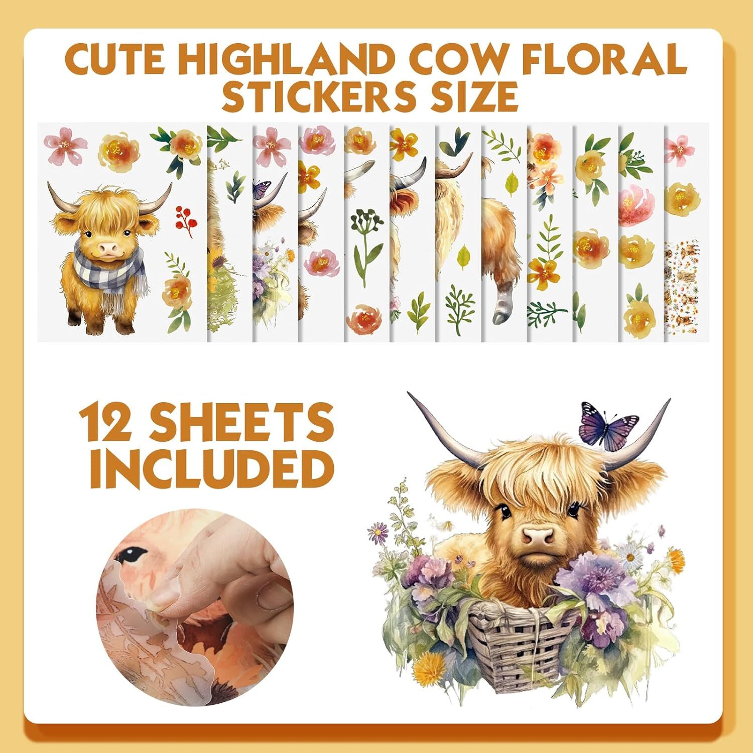 12 Sheet 78 Pcs Highland Cow Wall Decals Baby Wall Decals Highland Cow Sticke…