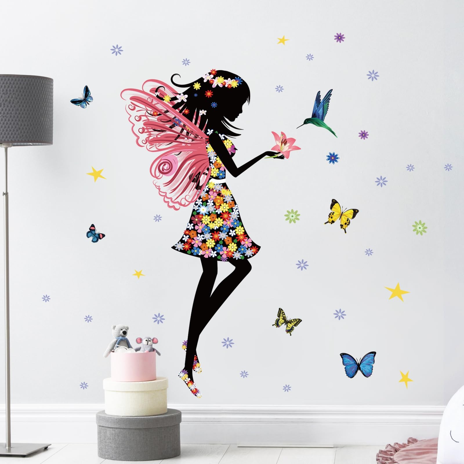 Butterfly Girl Wall Sticker – Colorful Fairy Wall Decal, Floral DIY Removable…
