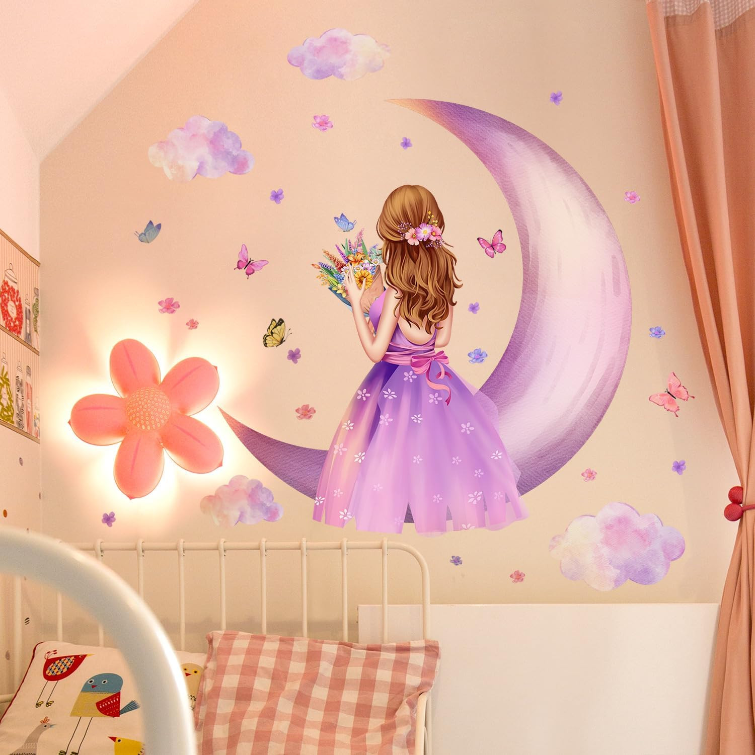 3D Princess Wall Decals Purple Butterfly Moon Clouds DIY Stickers for Girls