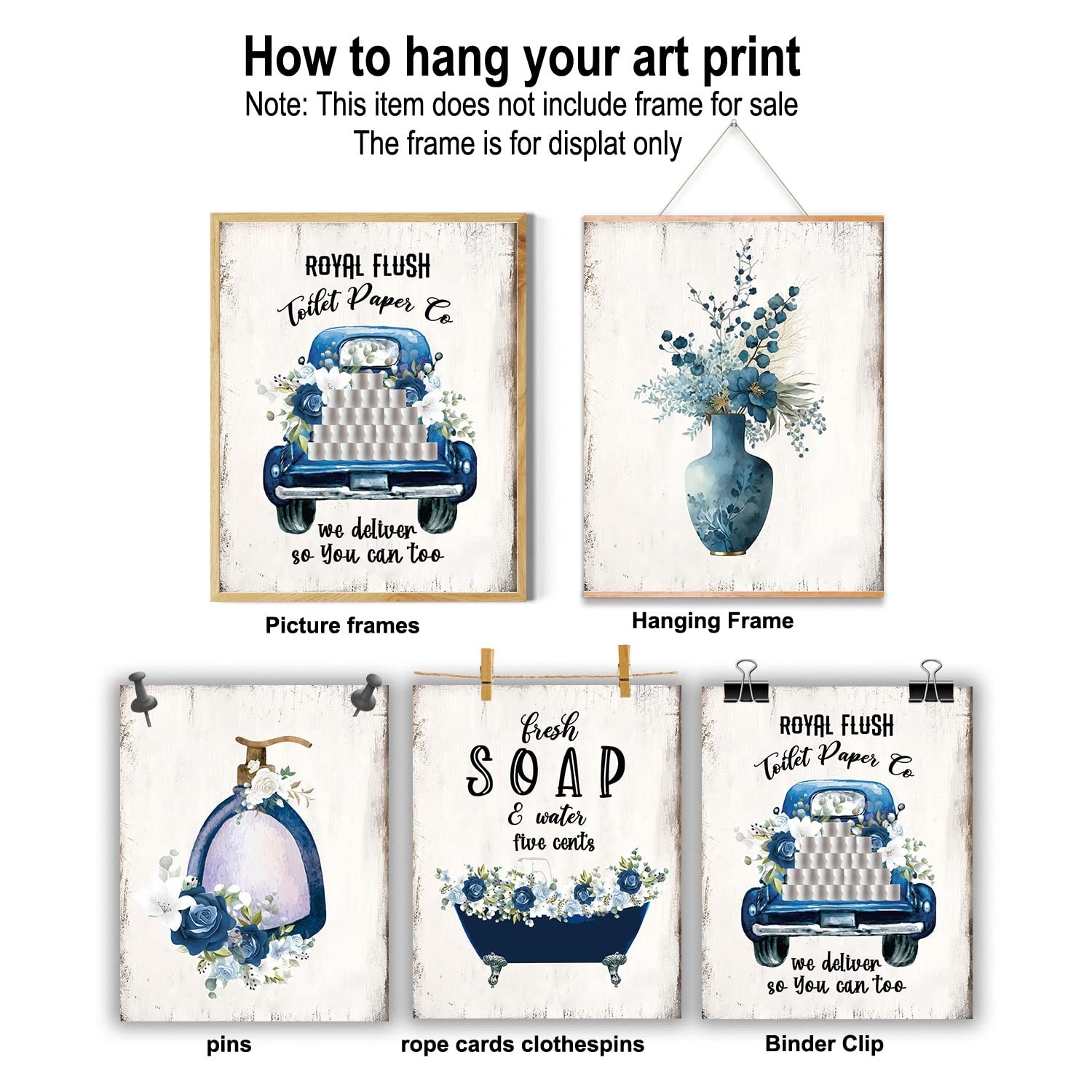 Funny Wall Art Poster, Blue Bathroom Decor, Navy Flowers Pictures, Rustic Vin…