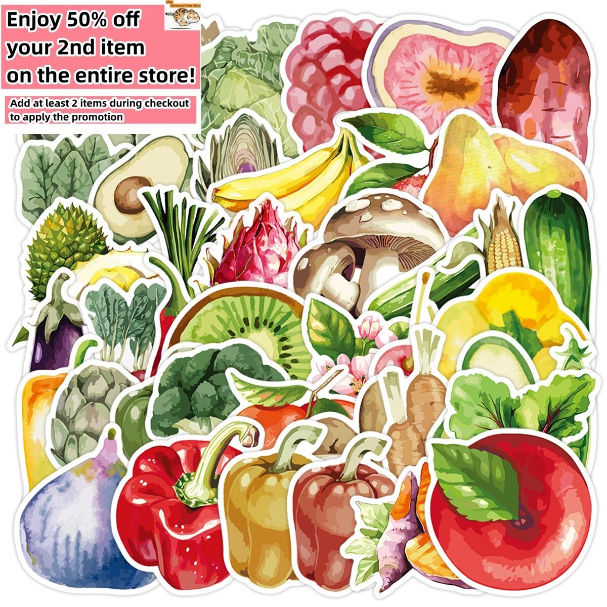 50pcs Waterproof Vinyl Stickers Fruits Vegetables Luggage Phone Laptop Window
