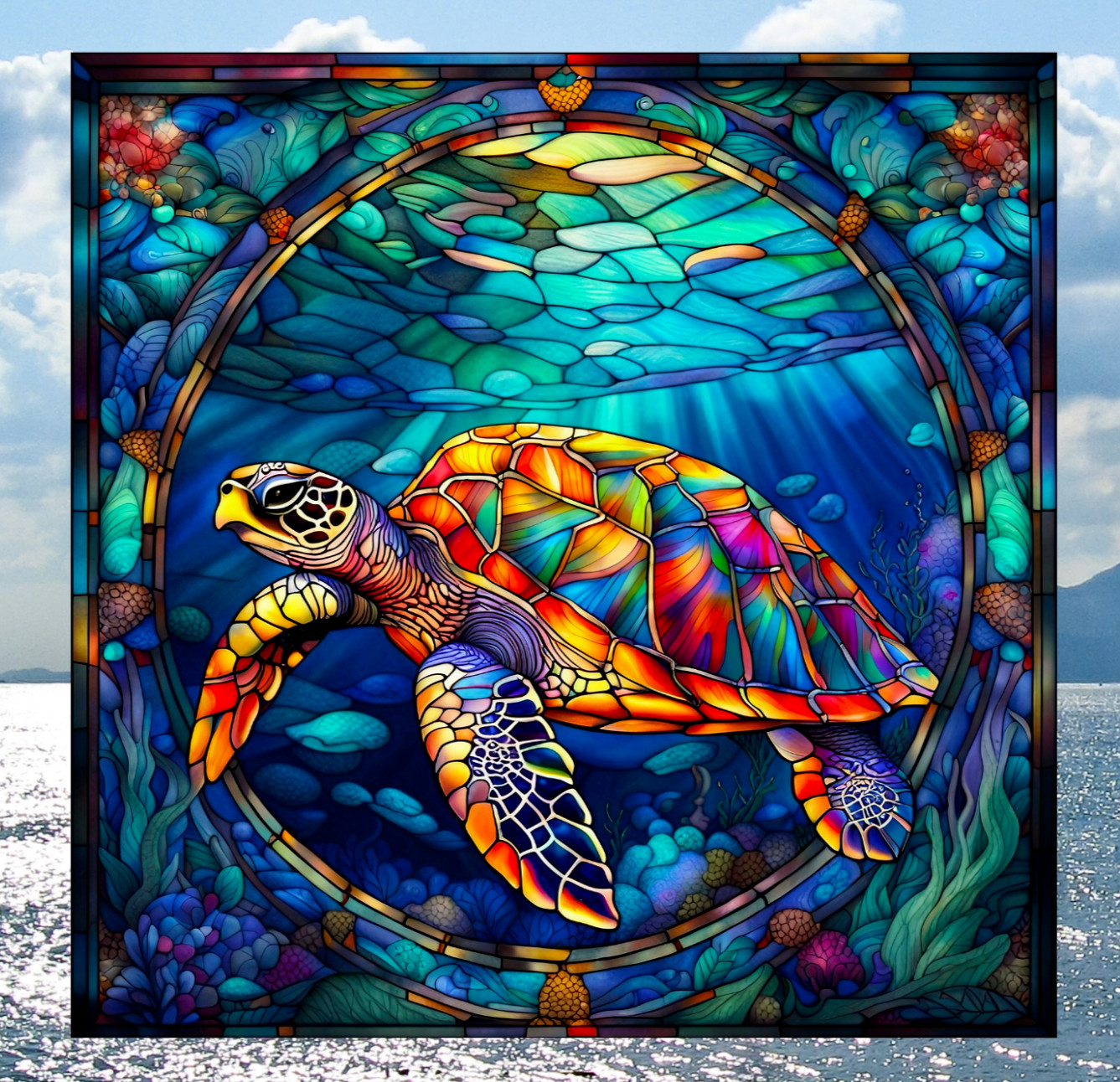 Colorful Sea Turtle Faux Stained-Glass WINDOW CLING Size 8" Square Vinyl