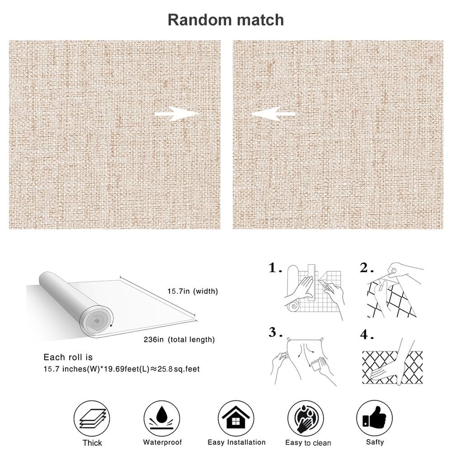 Beige Wallpaper Peel and Stick 472" Textured Beige Grasscloth Contact Paper F…