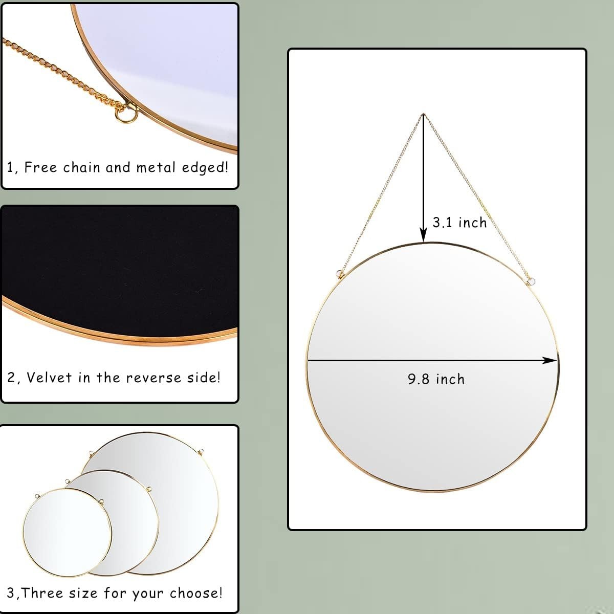 Polished Gold Decorative Mirror – 9.8 inch Round Hanging Accent for Home
