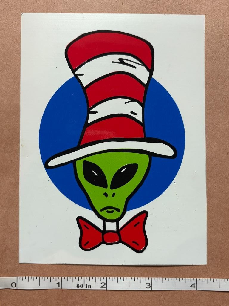 Green Alien Cat in the Hat Sticker 5.5×4.25 ufo joke stoner art area51 drsuess