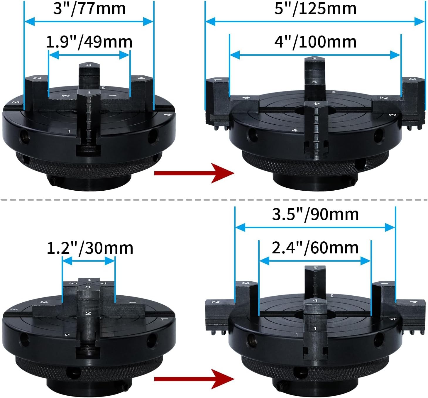 4 Inch Wood Lathe Chuck Set 1" x 8 tpi & 3/4"x16TPI Adapter, Self Centering 4 Ja
