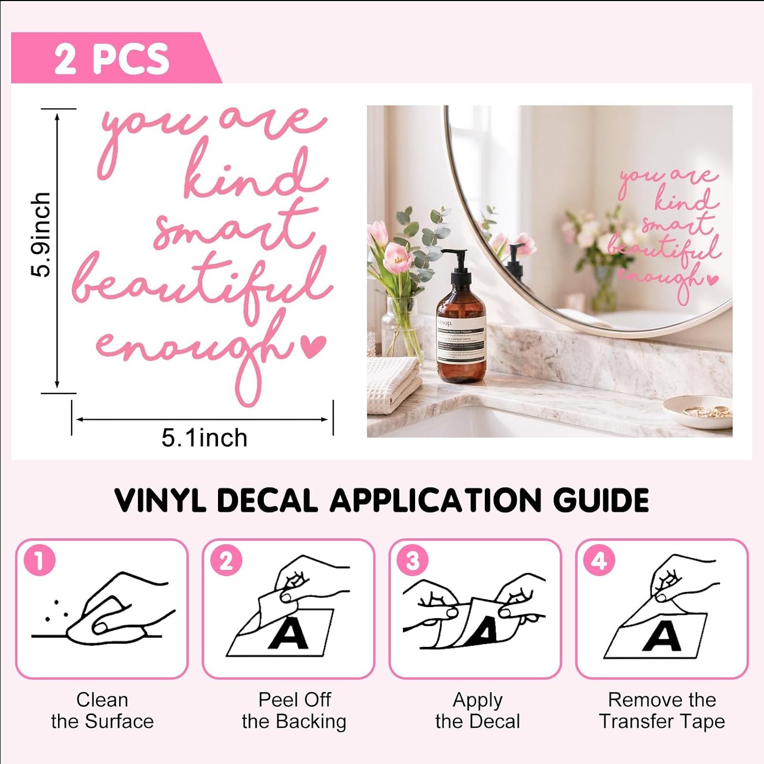 2 x Mirror Decal Vinyl, Car Mirror Decor, Mirror Sticker, Positive Pink