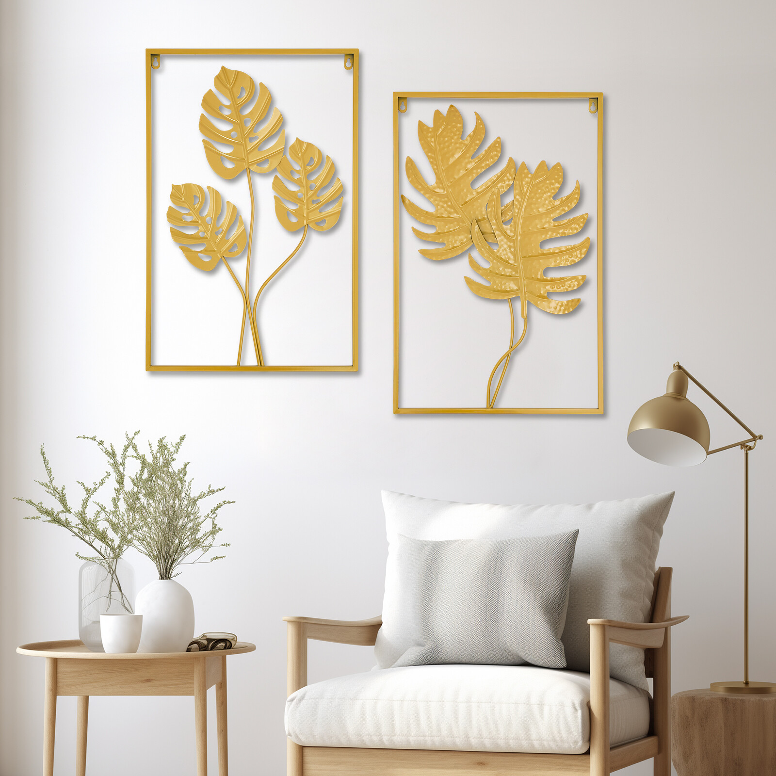 2PCS Wall Decorations Gold Iron Leaf Wall Hanging Home Decor with Frame Golden