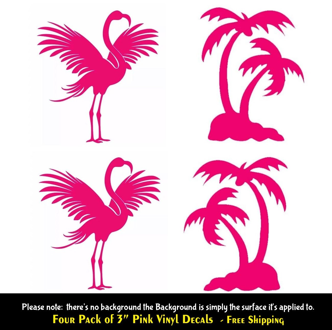 Flamingo & Palm Tree 4 Pack of 3" Pink Vinyl Decals Vehicle Windows Tumblers Mug