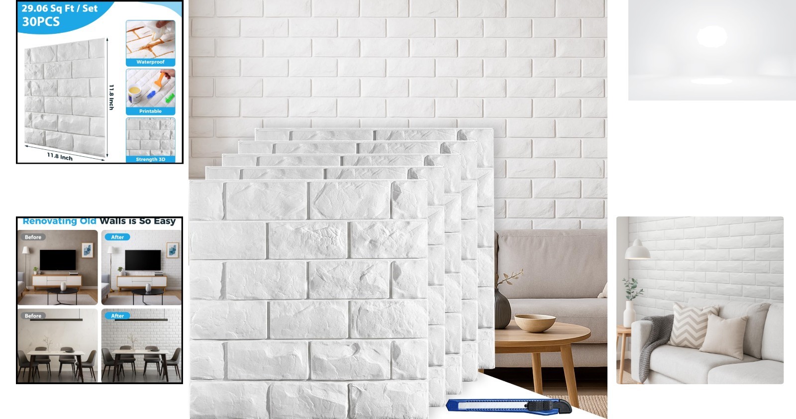 Peel and Stick 3D Wall Panels White Brick 30pcs Waterproof Foam Art Deco 29sqft
