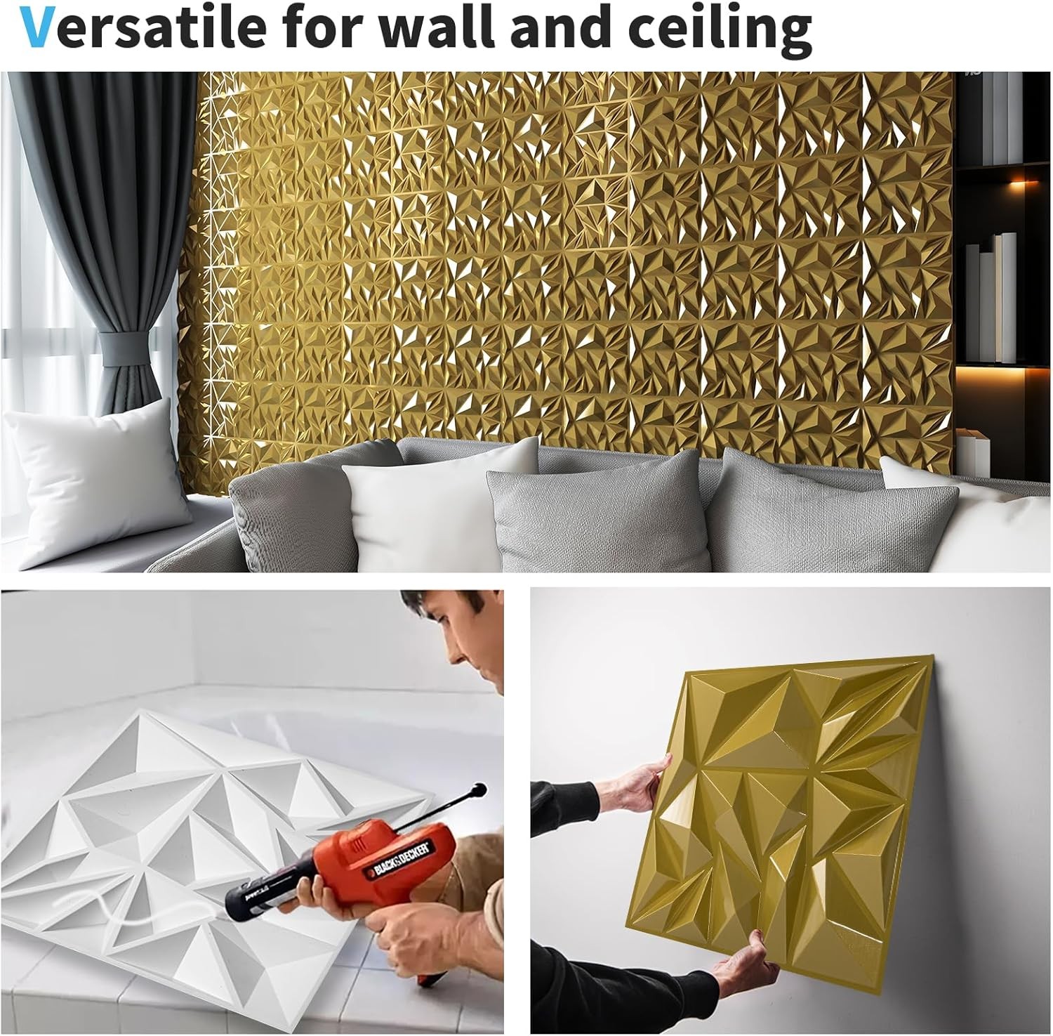 Art3d 33-Pack 3D Wall Panels for Interior Decor, 12×12 Inch, Gold