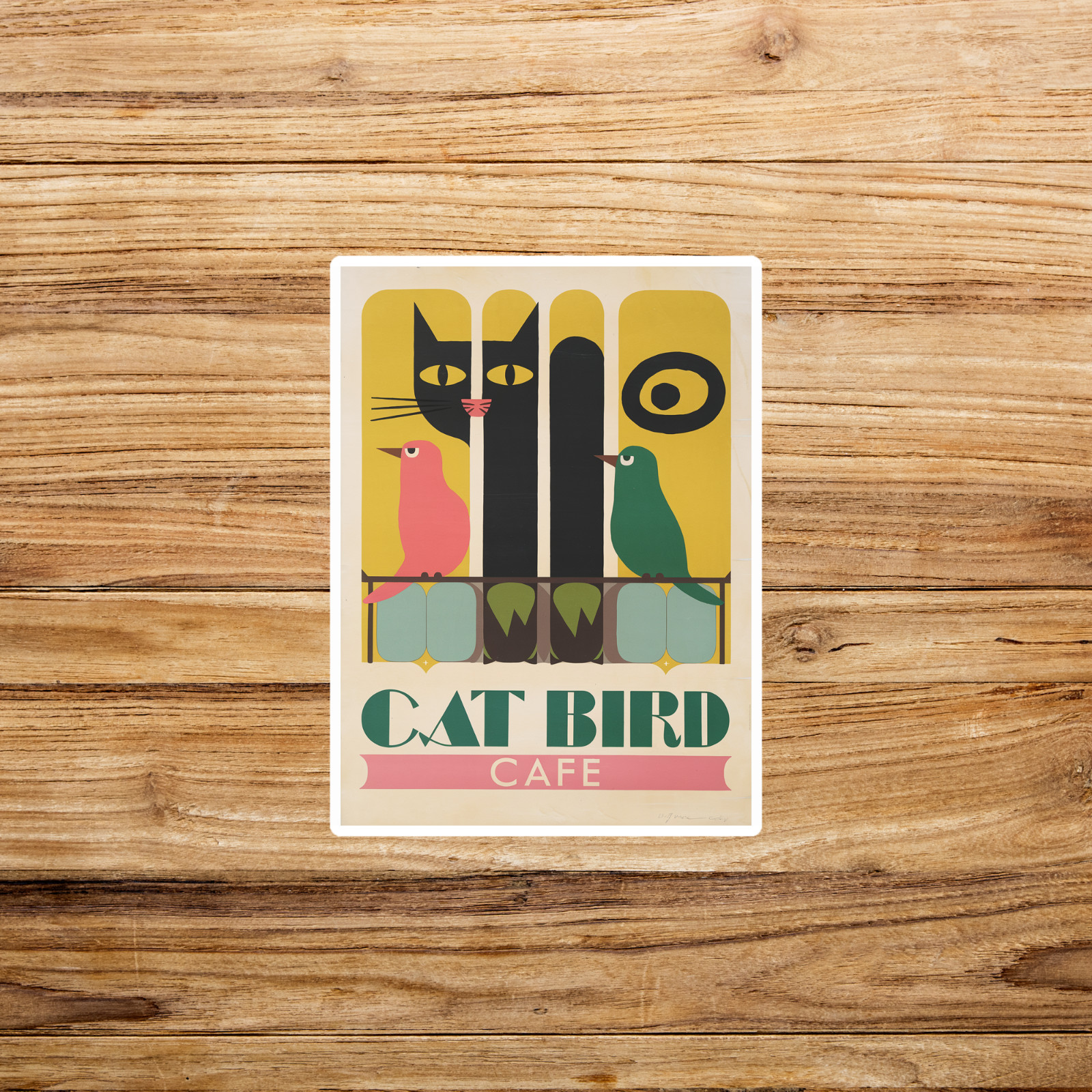 Retro Cat Bird Cafe sticker – Whimsical Mid-Century Modern Wall Art Decor Print