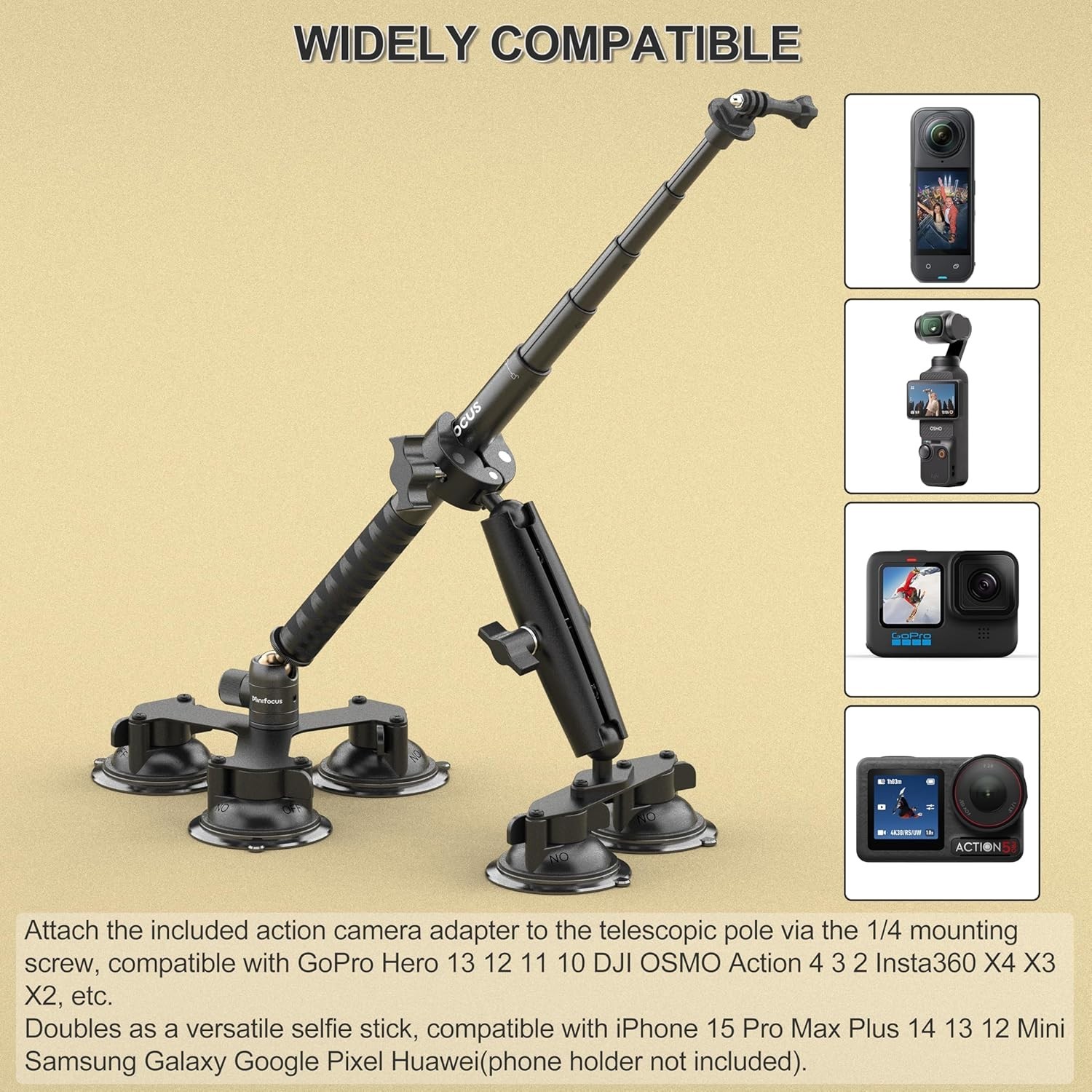 Suction Car Mount for Insta360 X5, X4, X3, 5 in 1 Suction Cup Camera Mount Kit w