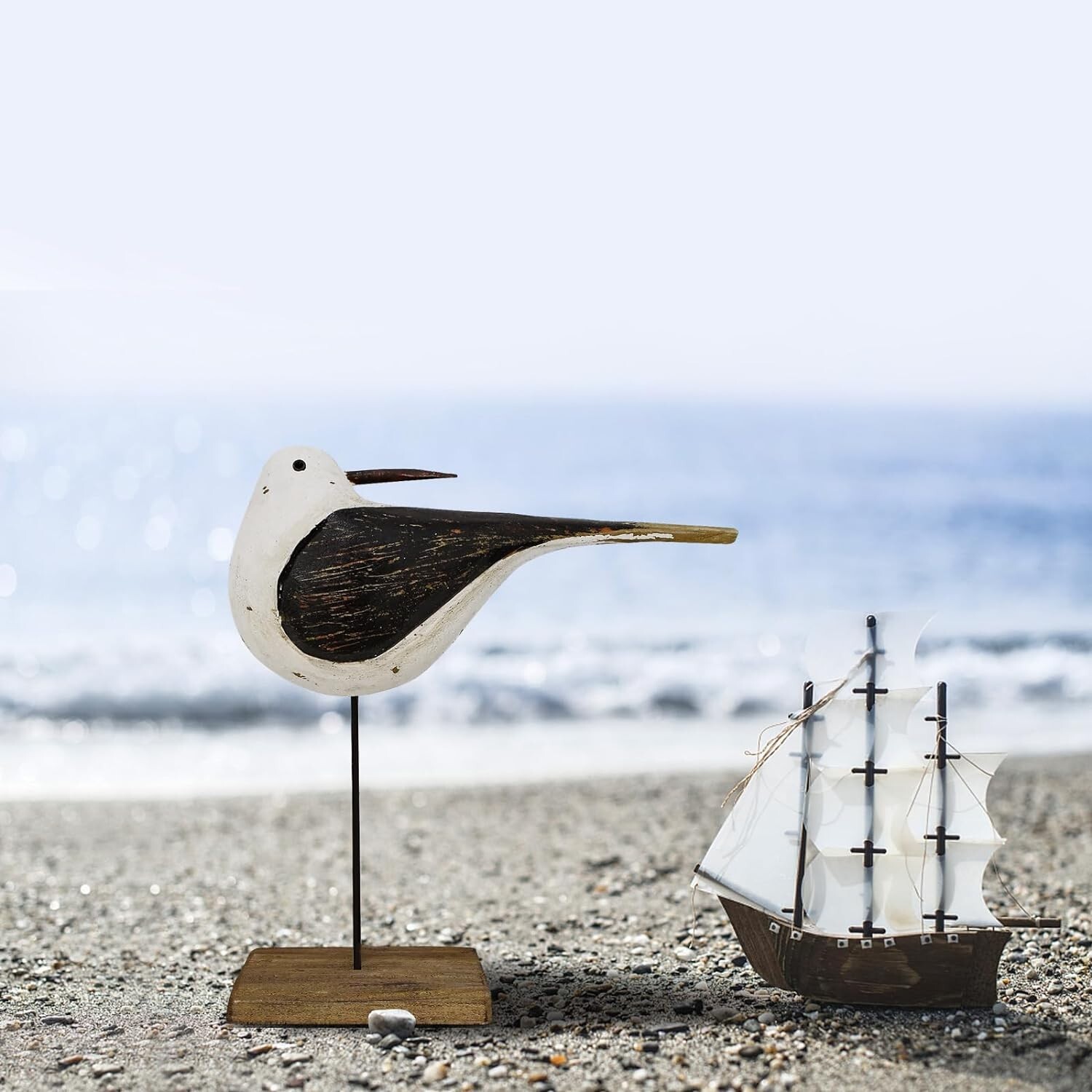Wooden Sea Bird Statue Seagull On Stand Decor Nautical Coastal Birds Sculpture