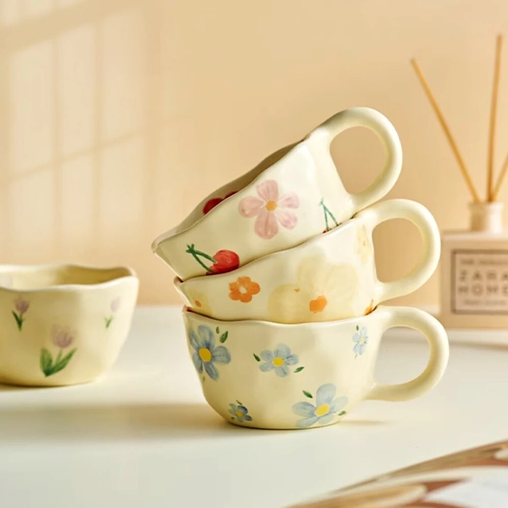 Handcrafted Ceramic Mug – Irregular Flower Coffee Cup, Korean Style for Tea