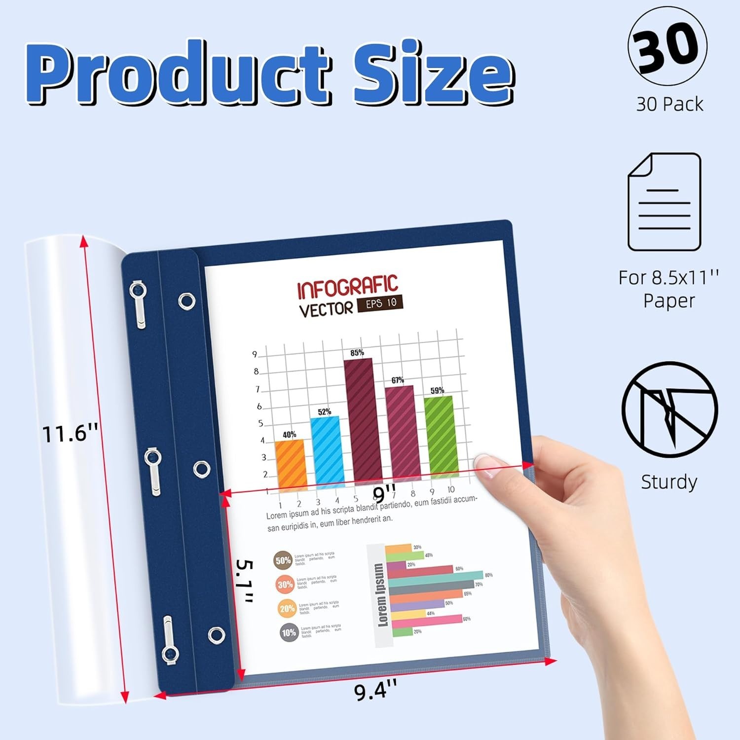 30 Pack Plastic Report Covers with 3-Prong Fasteners Clear Front Presentation…