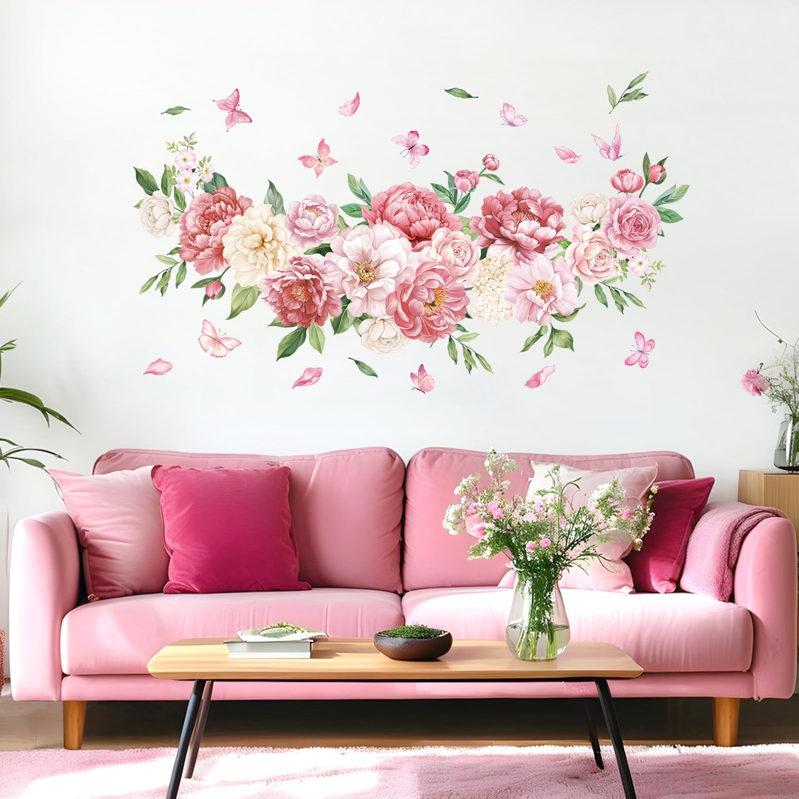 Peony Watercolor Wall Stickers Pink & White Floral Wall Decals Botanical Peel