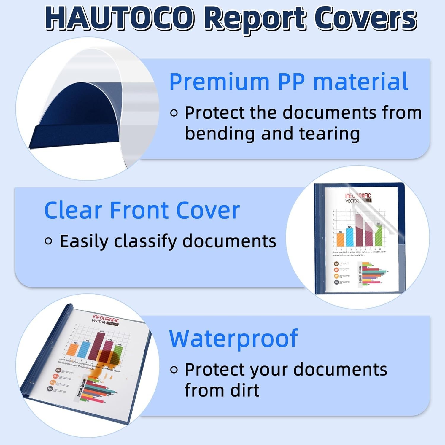 30 Pack Plastic Report Covers with 3-Prong Fasteners Clear Front Presentation…