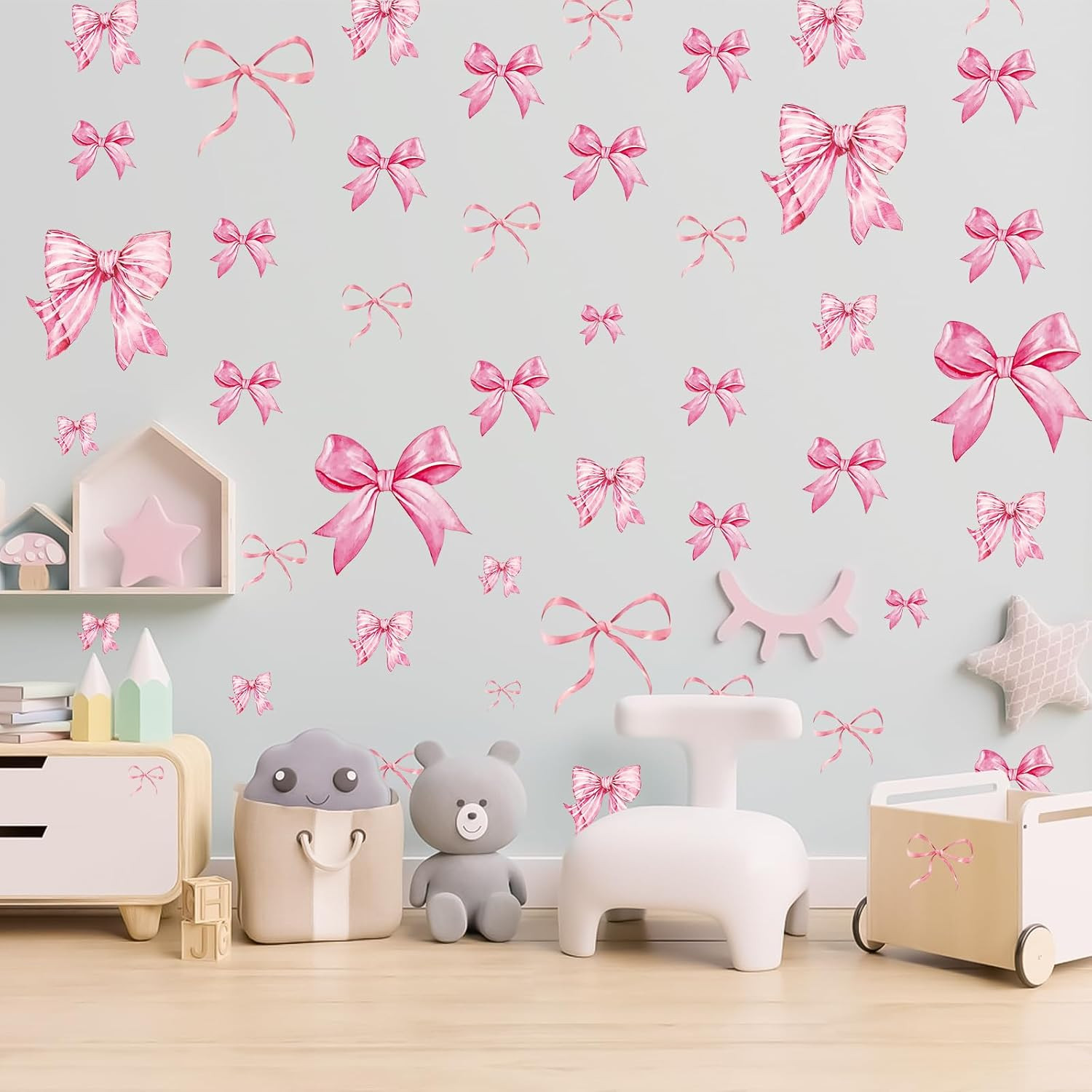 Pink Bow Wall Stickers, 8 Sheets 46 Pcs | Bow Knot Wall Decals Watercolor Bow Wa