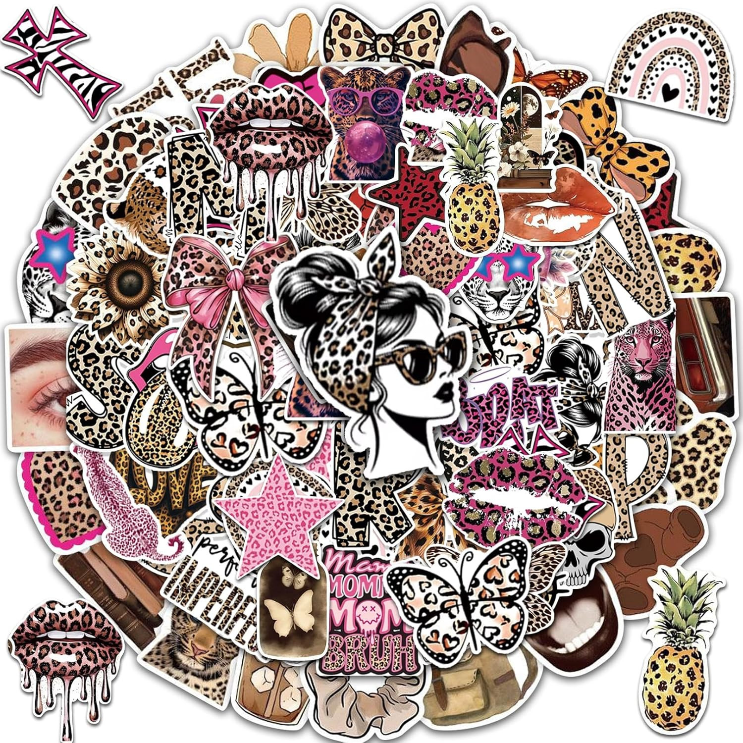 100PCS Leopard Print Stickers Pack – Pink Brown Aesthetic Animal Decals
