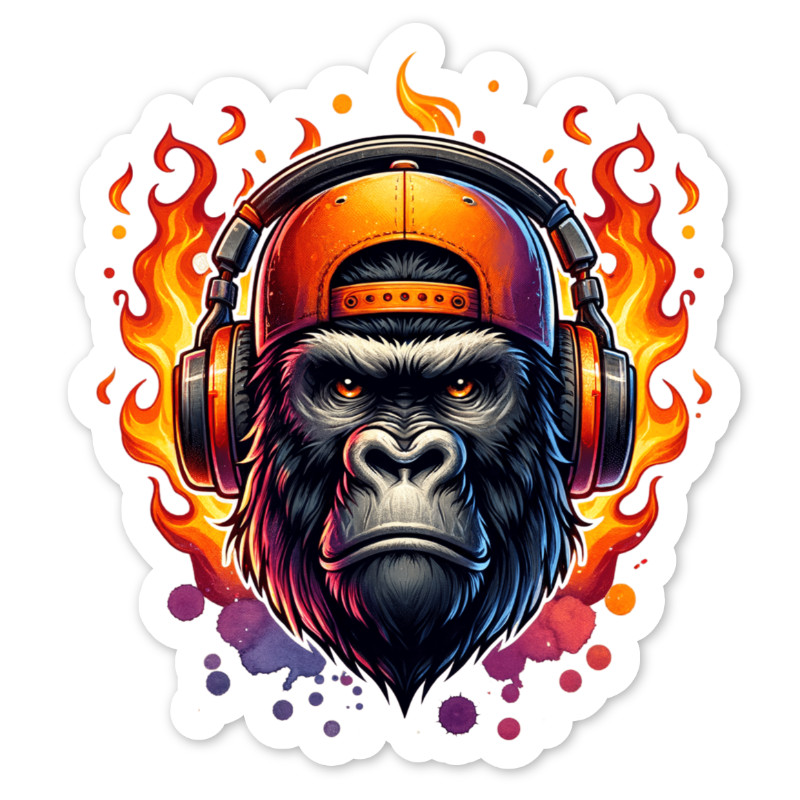 Gorilla and Headphones Vinyl Sticker, Water Resistant, Laptop, Water Bottle