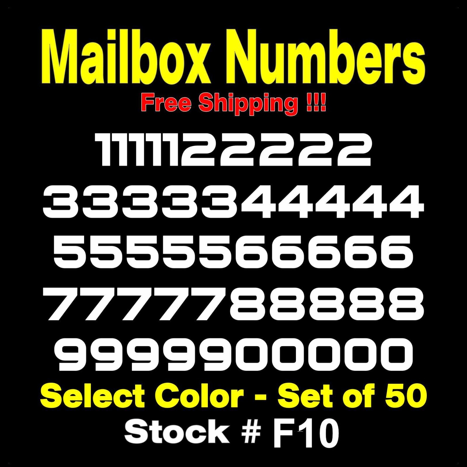 MAILBOX NUMBER Vinyl Decals Set of 50 Numbers SIZES 1/2" up to 4" STK# F10