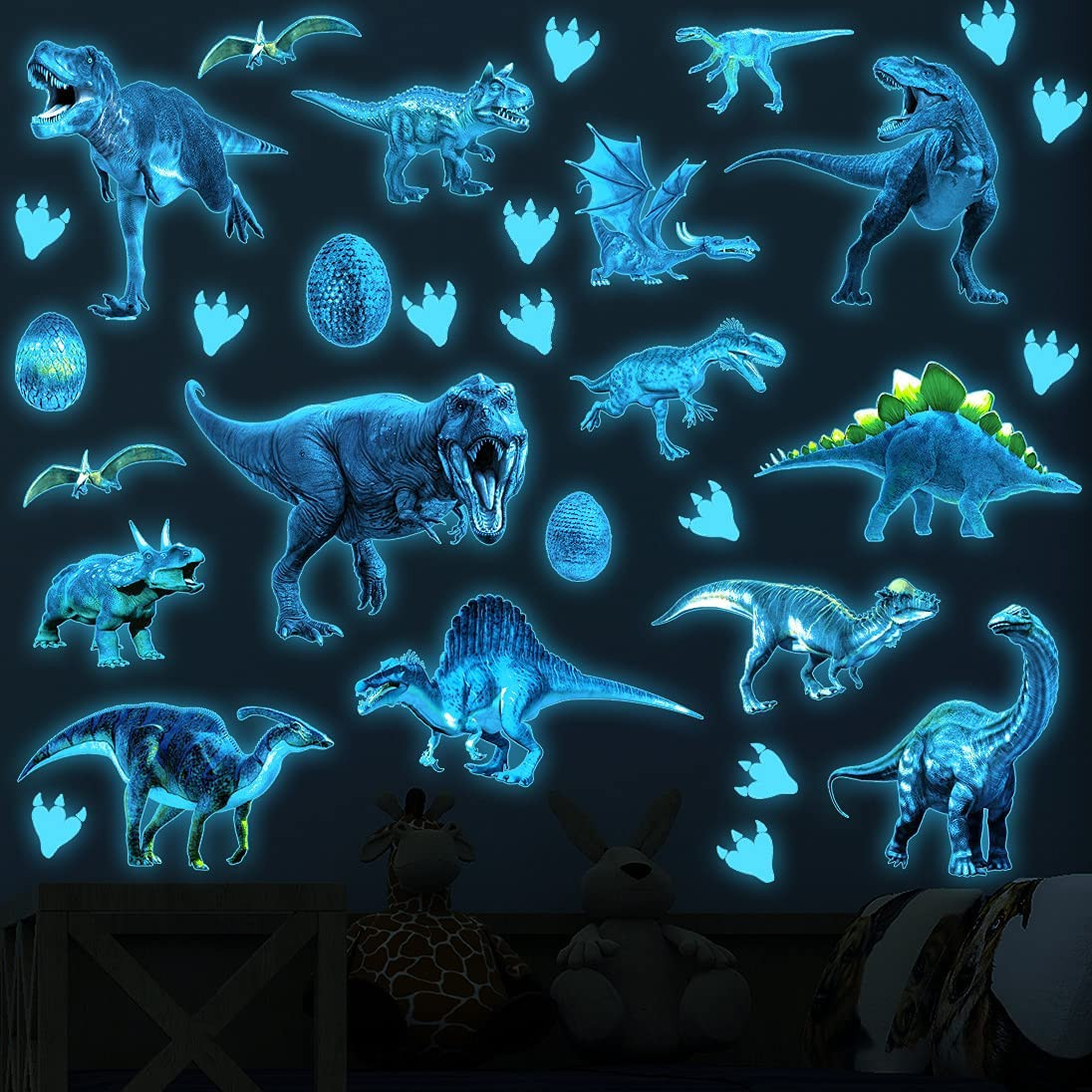 Glow in the Dark Dinosaur Wall Decals Stickers for Kids Bedroom Nursery Decor