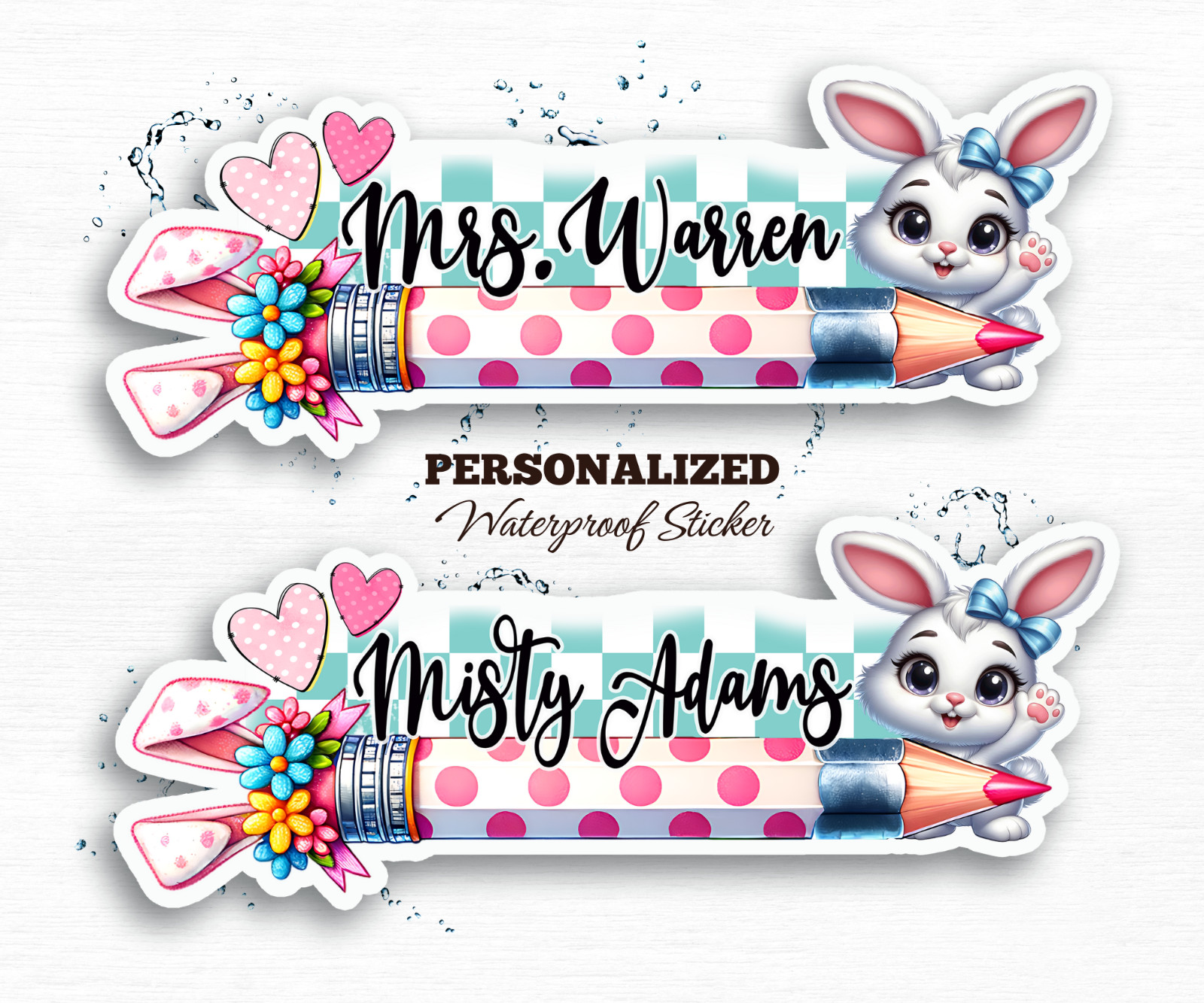 Personalized Teacher Name Sticker, Easter Bunny Pencil, Waterproof Vinyl Gift