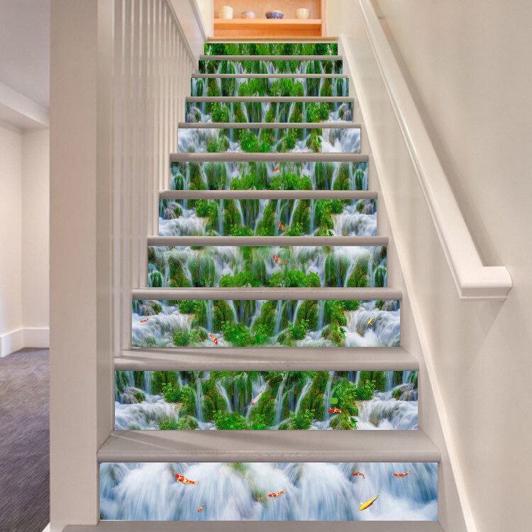 3D Waterfall Goldfish AZ353 Stair Risers Decoration Mural Vinyl Wallpaper Kay