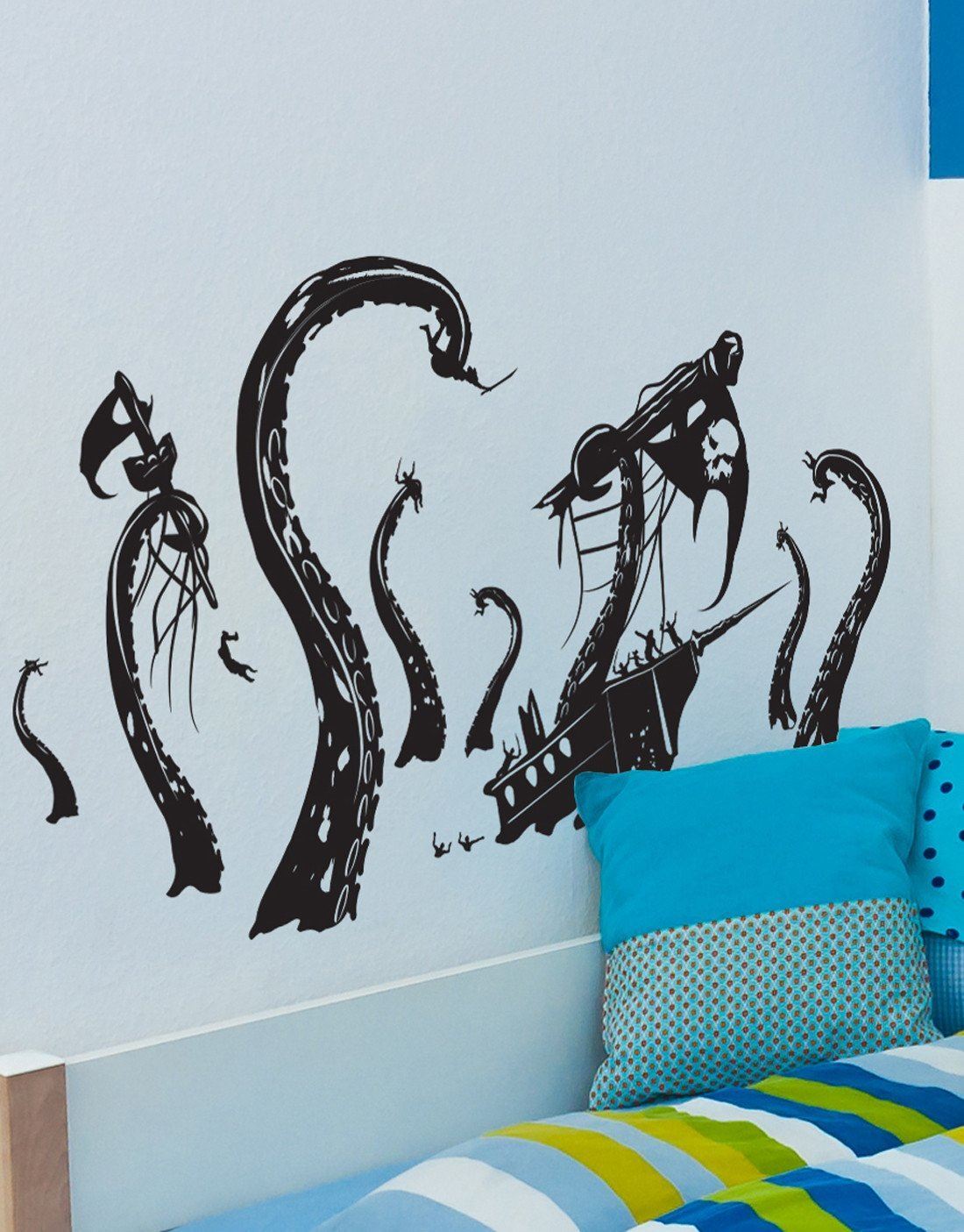 Pirate Ships attacked by Kraken Wall Decal Sticker. Beach Nautical Theme Decor.