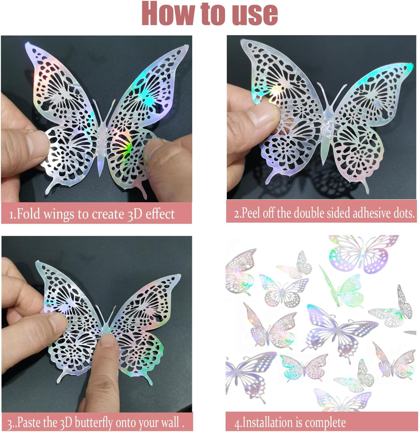 3D Laser Sivery Butterfly Wall Stickers – 48 Pcs with 4 Styles & 3 Sizes, Remova