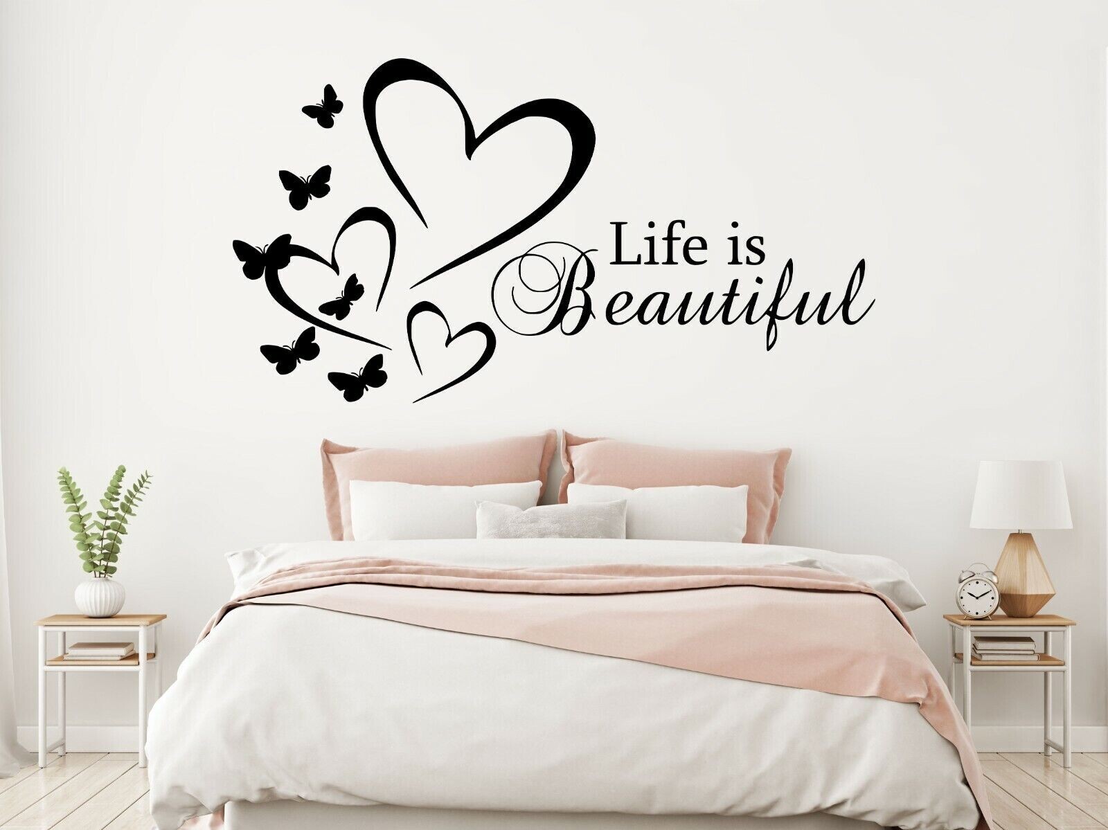 LIFE IS BEAUTIFUL Hearts Decal Quote Vinyl Home Decor Words Lettering Decor