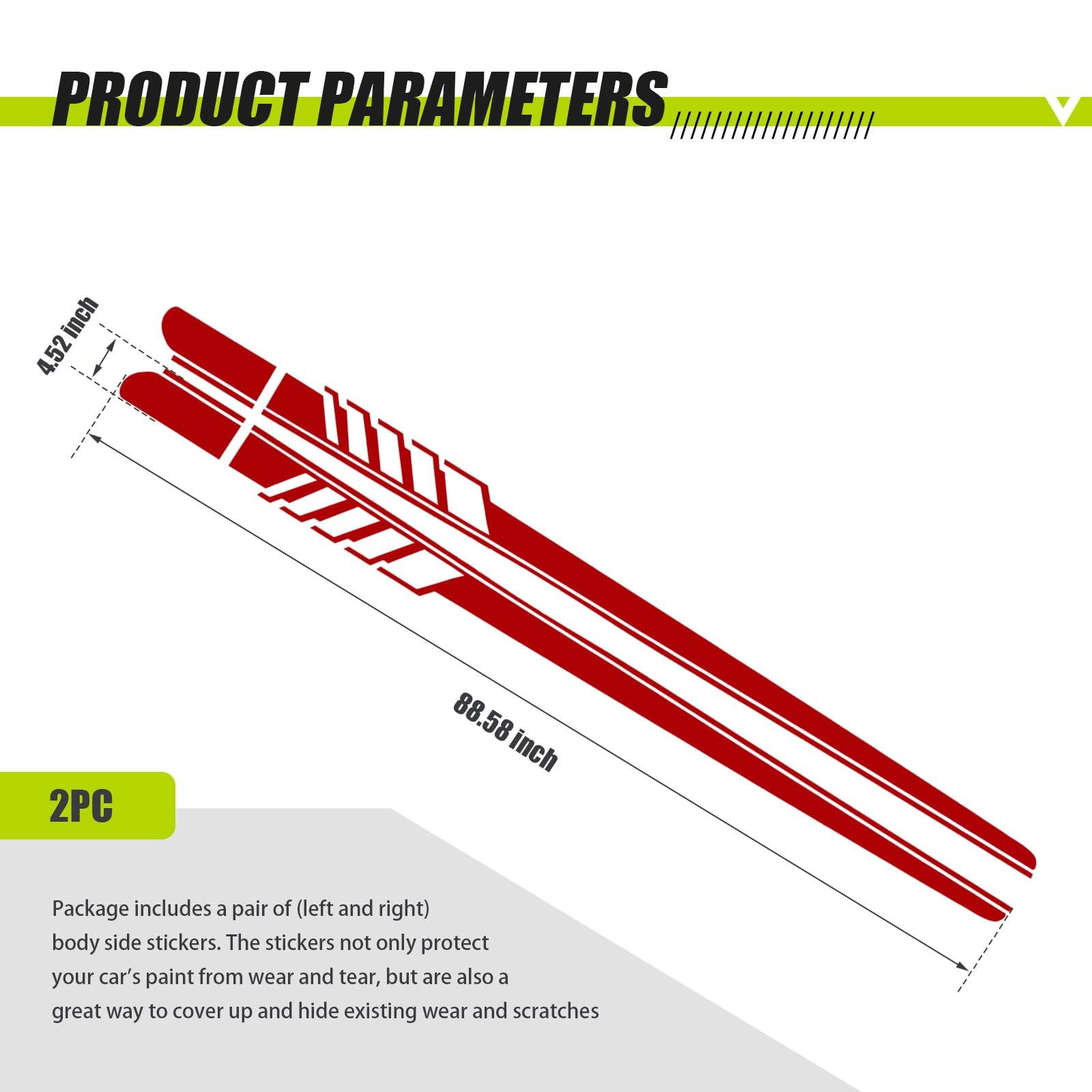 2 PCS Car Side Skirt Decals, 88.58" x 4.52" Long Stripes Stickers, PVC Auto P…