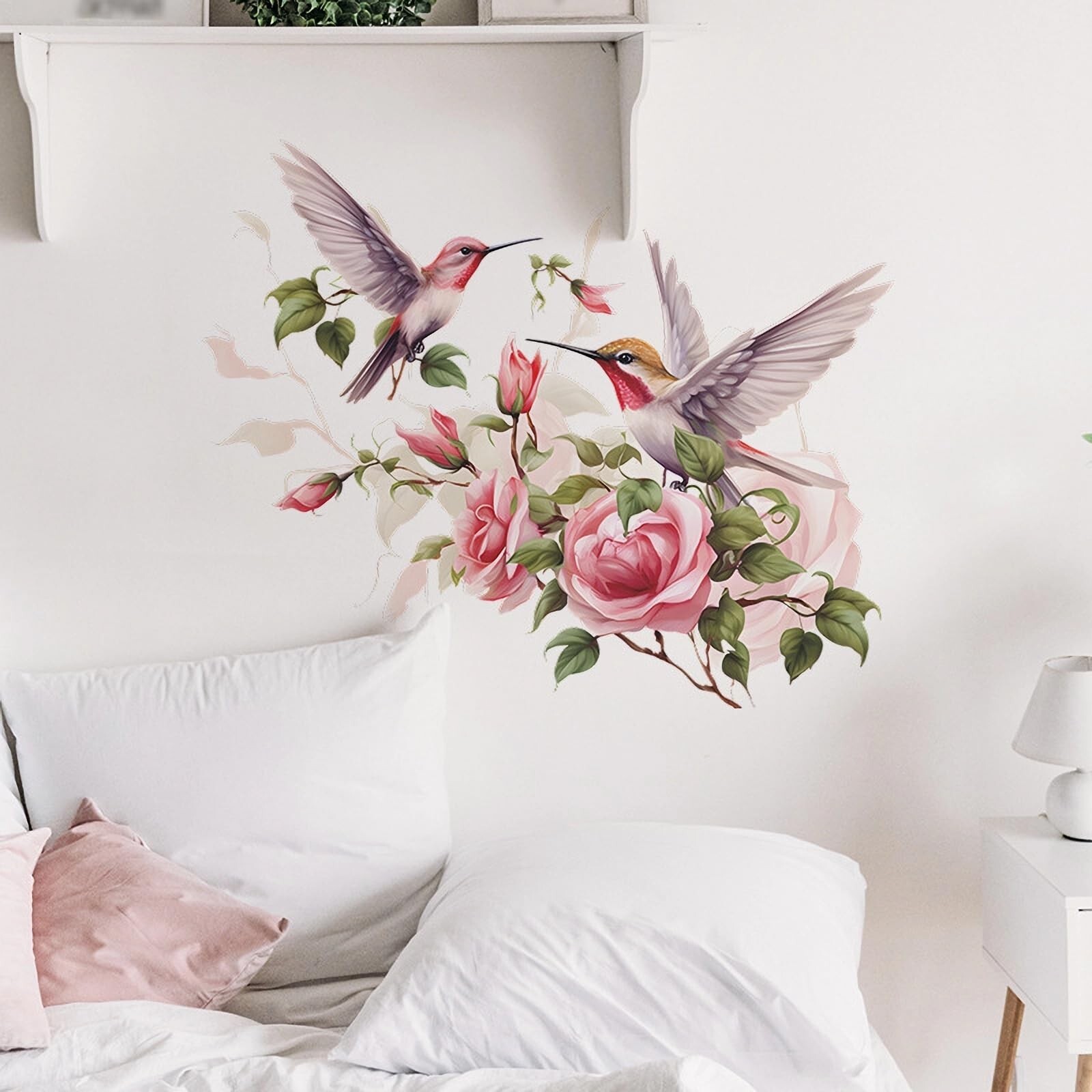 Pink Rose Hummingbird Flower Wall Stickers, sacinora Romantic Floral Art Bird…