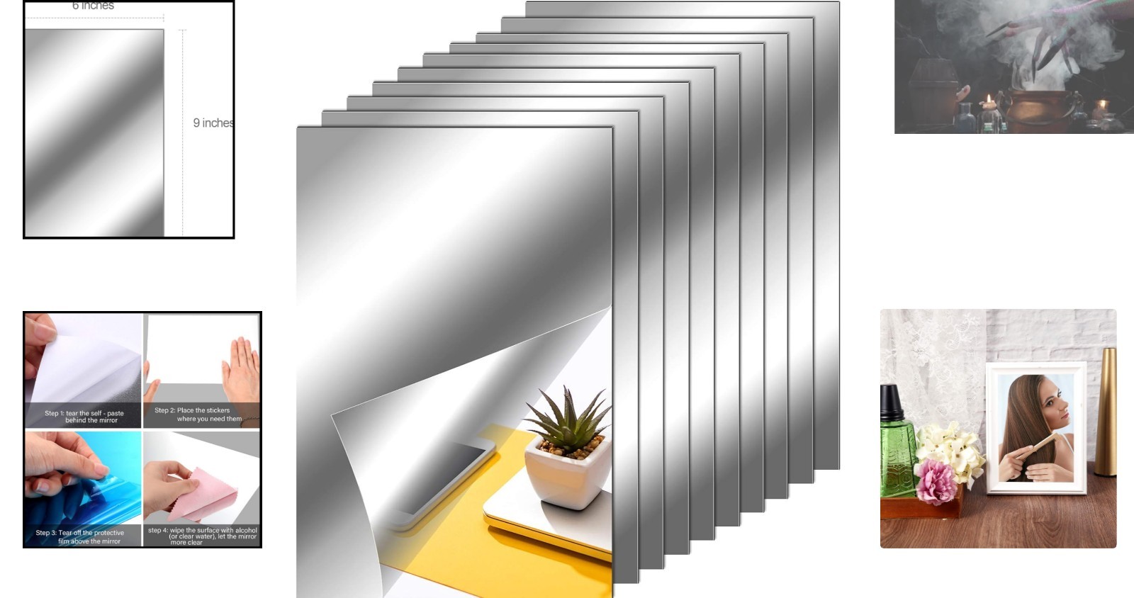 10-Piece Self-Adhesive Flexible Mirror Tiles for Elegant Wall Decor – 6×9"