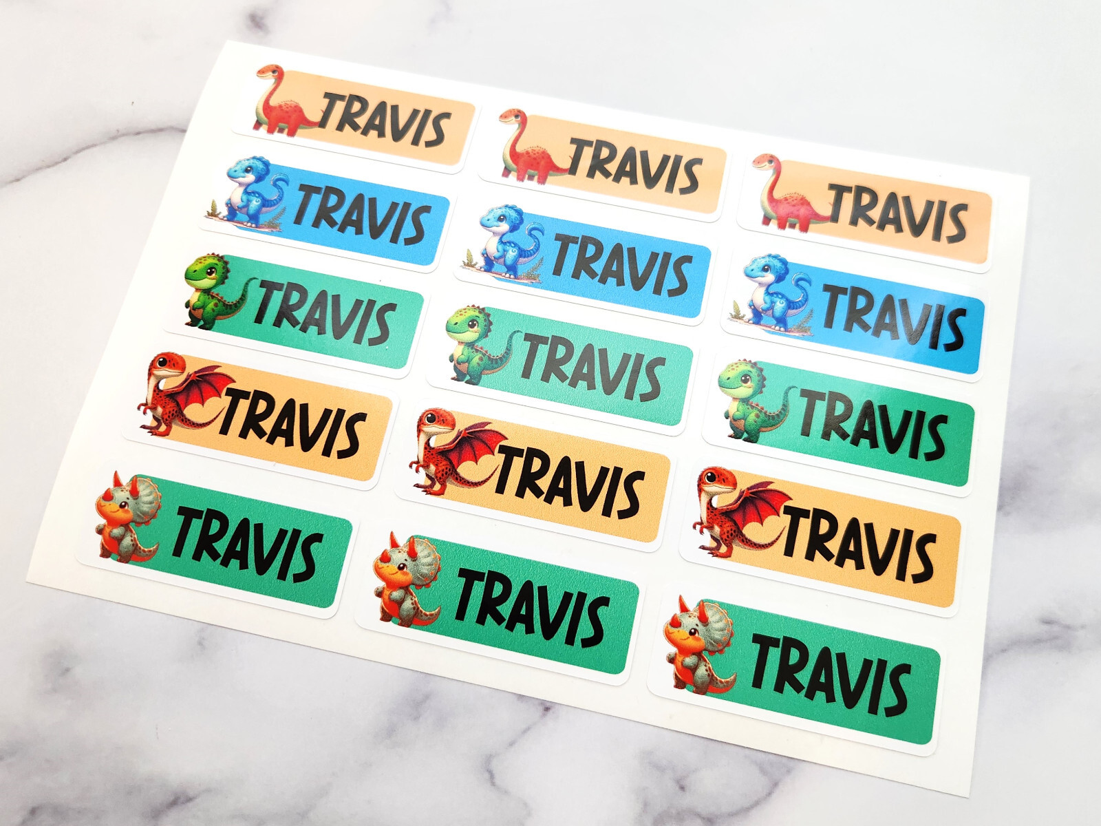 Custom Name Dinosaur Stickers – 15-Pack Label Sheet for Kids, 2" Name Tags