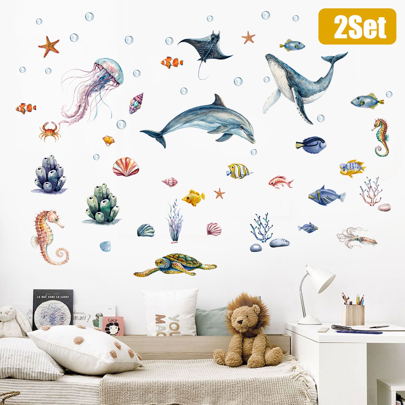 2x Glow-in-the-Dark Ocean Wall Stickers Self-Adhesive Marine Life Decor for Kids
