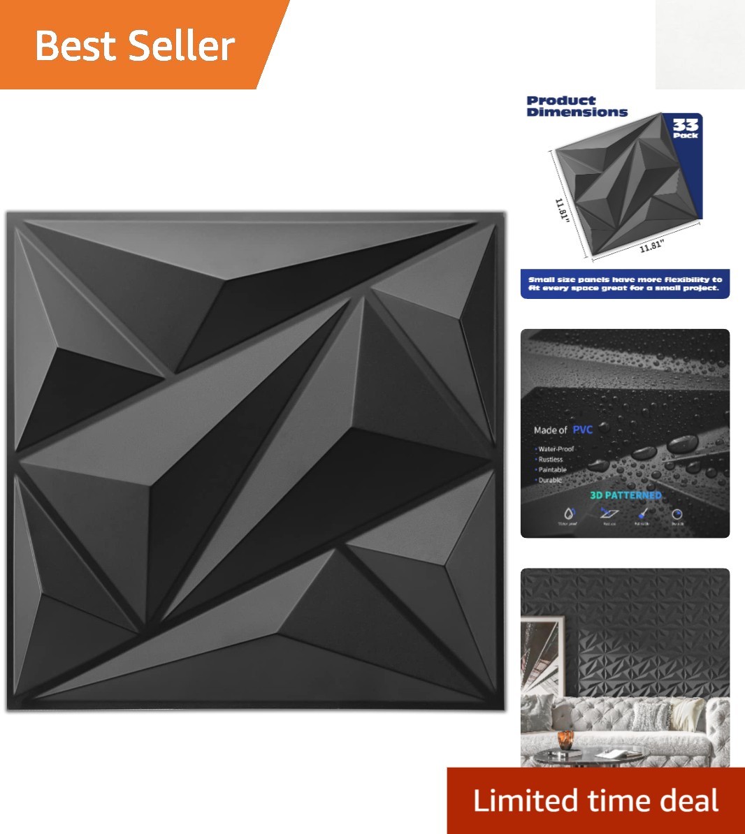 Transform Your Space with 33 Black 3D PVC Wall Panels – 32 sq. ft. Coverage