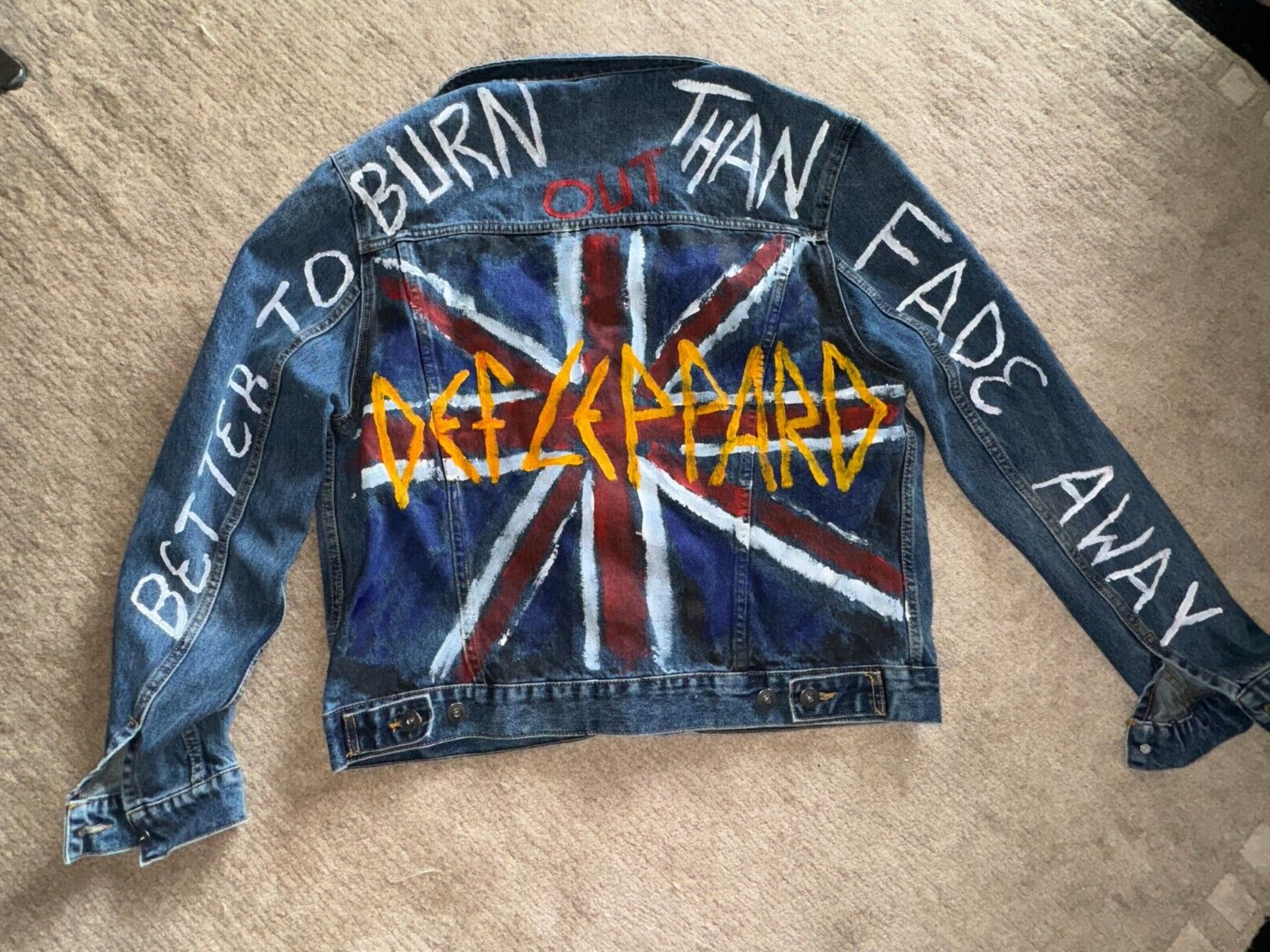 DEF LEPPARD DENIM HANDMADE JACKET- BETTER TO BURN OUT THAN FADE AWAY- PHOTOGRAPH
