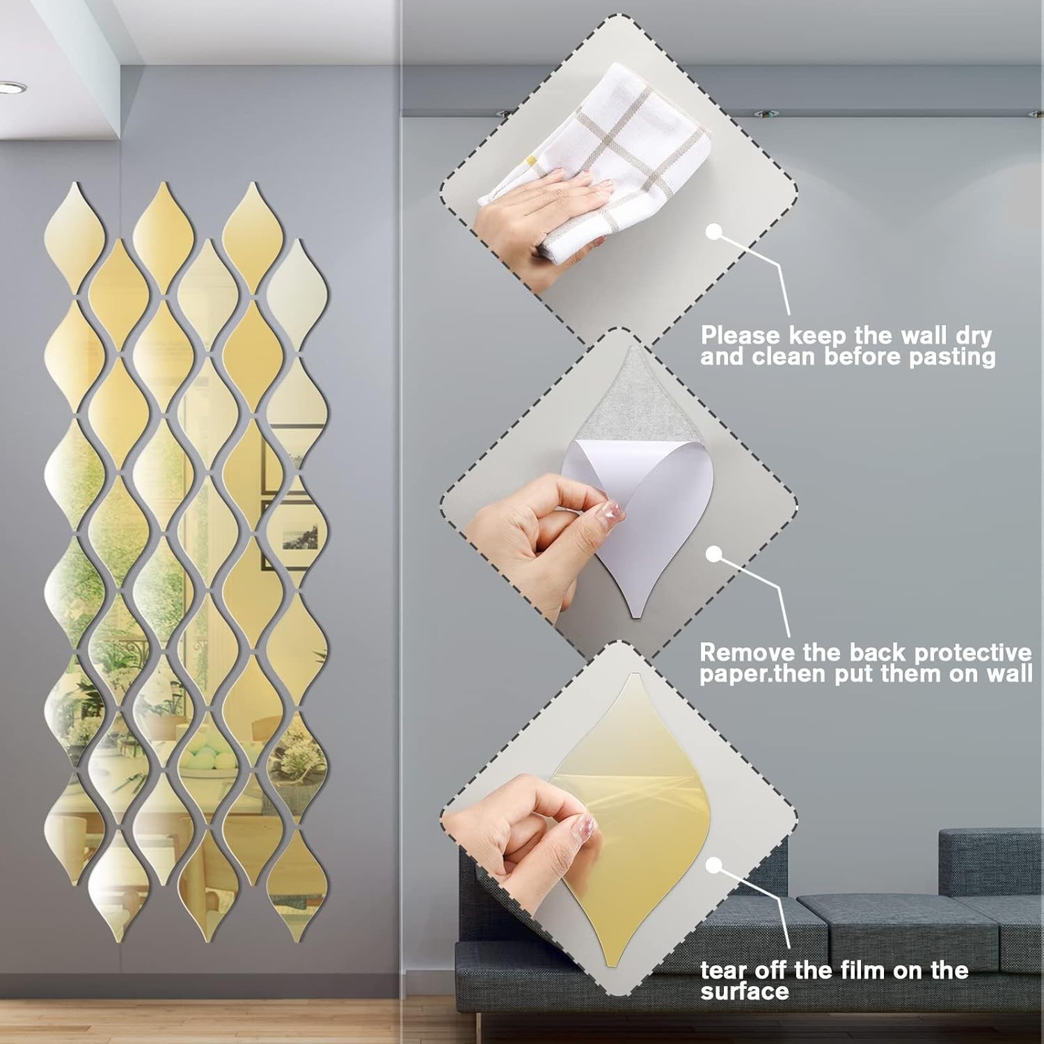 30 Pcs Mirror Wall Stickers Decor Acrylic 3D Tear Drop Decorative Mirrors Sticke