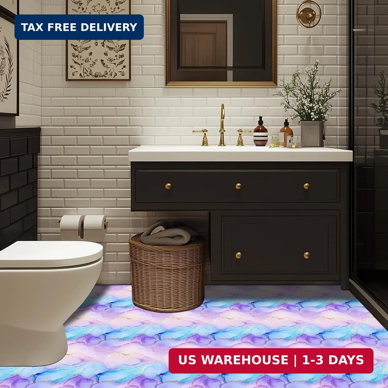 HOMETITUTE Gradient Ink Marble Gold Line Floor 12in Vinyl Tile | Sticker Decal P
